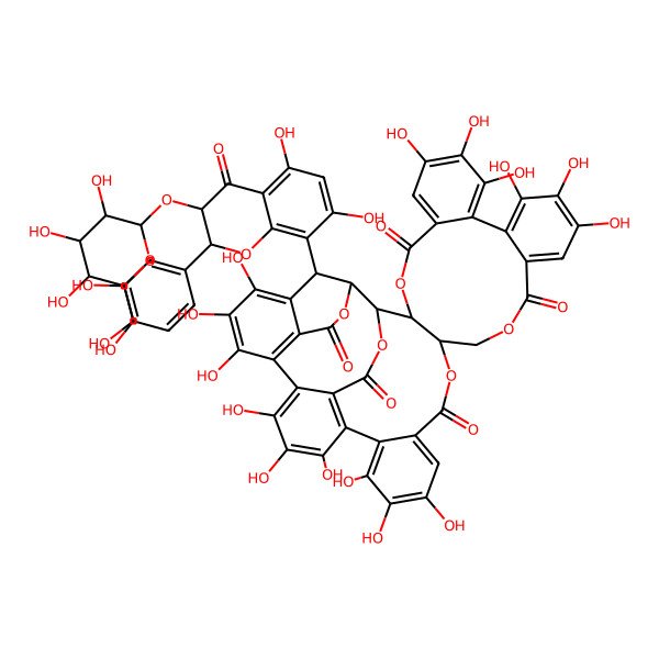 2D Structure of 46-[2-(3,4-Dihydroxyphenyl)-5,7-dihydroxy-4-oxo-3-[3,4,5-trihydroxy-6-(hydroxymethyl)oxan-2-yl]oxy-2,3-dihydrochromen-8-yl]-7,8,9,12,13,14,25,26,27,30,31,32,35,36,37-pentadecahydroxy-3,18,21,41,43-pentaoxanonacyclo[27.13.3.138,42.02,20.05,10.011,16.023,28.033,45.034,39]hexatetraconta-5,7,9,11,13,15,23,25,27,29(45),30,32,34(39),35,37-pentadecaene-4,17,22,40,44-pentone