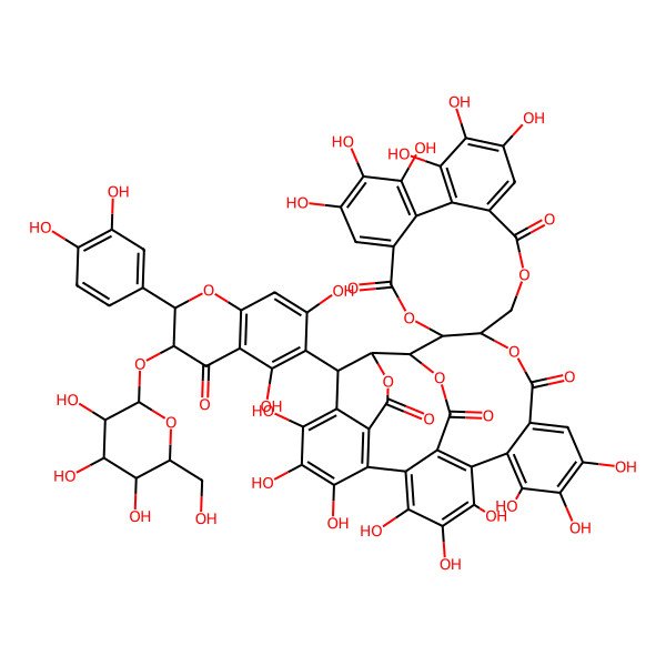 2D Structure of 46-[2-(3,4-Dihydroxyphenyl)-5,7-dihydroxy-4-oxo-3-[3,4,5-trihydroxy-6-(hydroxymethyl)oxan-2-yl]oxy-2,3-dihydrochromen-6-yl]-7,8,9,12,13,14,25,26,27,30,31,32,35,36,37-pentadecahydroxy-3,18,21,41,43-pentaoxanonacyclo[27.13.3.138,42.02,20.05,10.011,16.023,28.033,45.034,39]hexatetraconta-5,7,9,11,13,15,23,25,27,29(45),30,32,34(39),35,37-pentadecaene-4,17,22,40,44-pentone