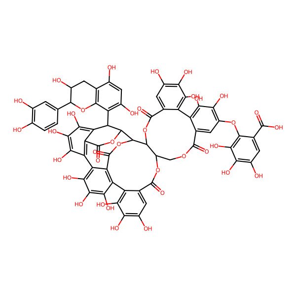 2D Structure of 2-[[46-[2-(3,4-dihydroxyphenyl)-3,5,7-trihydroxy-3,4-dihydro-2H-chromen-8-yl]-7,8,9,12,13,25,26,27,30,31,32,35,36,37-tetradecahydroxy-4,17,22,40,44-pentaoxo-3,18,21,41,43-pentaoxanonacyclo[27.13.3.138,42.02,20.05,10.011,16.023,28.033,45.034,39]hexatetraconta-5,7,9,11,13,15,23,25,27,29(45),30,32,34(39),35,37-pentadecaen-14-yl]oxy]-3,4,5-trihydroxybenzoic acid