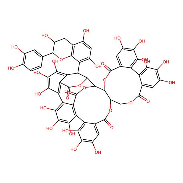 2D Structure of (1R,2R,20R,42S,46R)-46-[(2S,3S)-2-(3,4-dihydroxyphenyl)-3,5,7-trihydroxy-3,4-dihydro-2H-chromen-8-yl]-7,8,9,12,13,14,25,26,27,30,31,32,35,36,37-pentadecahydroxy-3,18,21,41,43-pentaoxanonacyclo[27.13.3.138,42.02,20.05,10.011,16.023,28.033,45.034,39]hexatetraconta-5,7,9,11,13,15,23,25,27,29(45),30,32,34(39),35,37-pentadecaene-4,17,22,40,44-pentone
