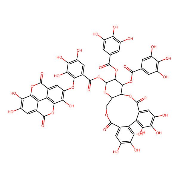 2D Structure of [3,4,5,21,22,23-Hexahydroxy-8,18-dioxo-11,12-bis[(3,4,5-trihydroxybenzoyl)oxy]-9,14,17-trioxatetracyclo[17.4.0.02,7.010,15]tricosa-1(23),2,4,6,19,21-hexaen-13-yl] 3,4,5-trihydroxy-2-[(7,13,14-trihydroxy-3,10-dioxo-2,9-dioxatetracyclo[6.6.2.04,16.011,15]hexadeca-1(15),4,6,8(16),11,13-hexaen-6-yl)oxy]benzoate