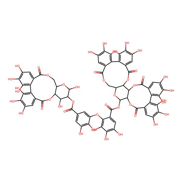 2D Structure of (7,8,9,12,13,14,28,29,30,33,34,35-Dodecahydroxy-4,17,25,38-tetraoxo-3,18,21,24,39-pentaoxaheptacyclo[20.17.0.02,19.05,10.011,16.026,31.032,37]nonatriaconta-5,7,9,11,13,15,26,28,30,32,34,36-dodecaen-20-yl) 2-[2,3-dihydroxy-5-[(3,4,5,11,13,21,22,23-octahydroxy-8,18-dioxo-9,14,17-trioxatetracyclo[17.4.0.02,7.010,15]tricosa-1(23),2,4,6,19,21-hexaen-12-yl)oxycarbonyl]phenoxy]-3,4,5-trihydroxybenzoate