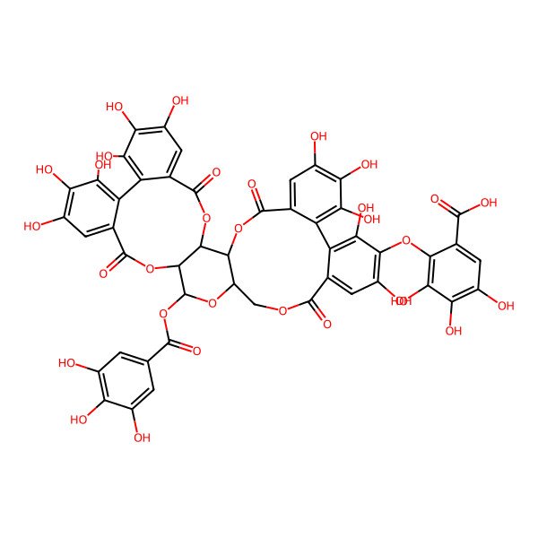 2D Structure of 3,4,5-Trihydroxy-2-[[7,8,9,12,13,14,28,30,33,34,35-undecahydroxy-4,17,25,38-tetraoxo-20-(3,4,5-trihydroxybenzoyl)oxy-3,18,21,24,39-pentaoxaheptacyclo[20.17.0.02,19.05,10.011,16.026,31.032,37]nonatriaconta-5,7,9,11,13,15,26,28,30,32,34,36-dodecaen-29-yl]oxy]benzoic acid