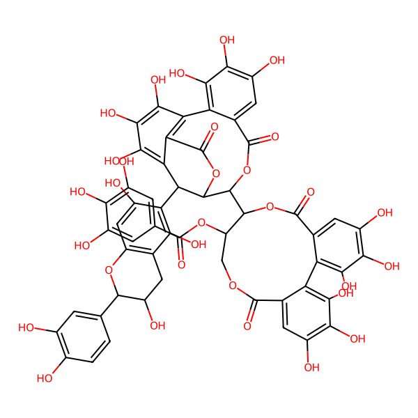 2D Structure of [(10R,11R)-10-[(14R,15S,19S)-19-[(2R,3S)-2-(3,4-dihydroxyphenyl)-3,5,7-trihydroxy-3,4-dihydro-2H-chromen-6-yl]-2,3,4,7,8,9-hexahydroxy-12,17-dioxo-13,16-dioxatetracyclo[13.3.1.05,18.06,11]nonadeca-1,3,5(18),6,8,10-hexaen-14-yl]-3,4,5,17,18,19-hexahydroxy-8,14-dioxo-9,13-dioxatricyclo[13.4.0.02,7]nonadeca-1(19),2,4,6,15,17-hexaen-11-yl] 3,4,5-trihydroxybenzoate