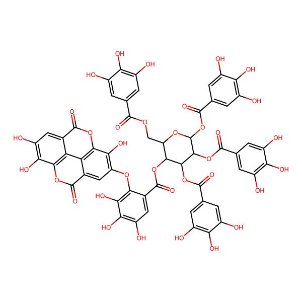 2D Structure of [4,5,6-Tris[(3,4,5-trihydroxybenzoyl)oxy]-2-[(3,4,5-trihydroxybenzoyl)oxymethyl]oxan-3-yl] 3,4,5-trihydroxy-2-[(7,13,14-trihydroxy-3,10-dioxo-2,9-dioxatetracyclo[6.6.2.04,16.011,15]hexadeca-1(15),4,6,8(16),11,13-hexaen-6-yl)oxy]benzoate