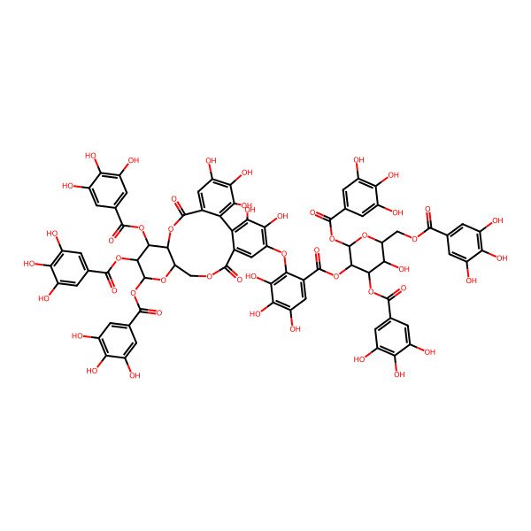 2D Structure of [5-Hydroxy-2,4-bis[(3,4,5-trihydroxybenzoyl)oxy]-6-[(3,4,5-trihydroxybenzoyl)oxymethyl]oxan-3-yl] 3,4,5-trihydroxy-2-[[3,4,5,22,23-pentahydroxy-8,18-dioxo-11,12,13-tris[(3,4,5-trihydroxybenzoyl)oxy]-9,14,17-trioxatetracyclo[17.4.0.02,7.010,15]tricosa-1(23),2,4,6,19,21-hexaen-21-yl]oxy]benzoate