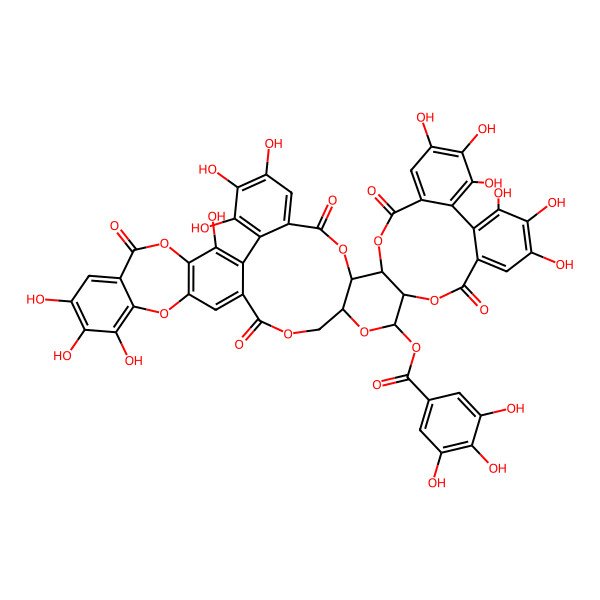 2D Structure of [(1R,28R,30S,31R,48S)-6,7,8,11,17,18,19,36,37,38,41,42,43-tridecahydroxy-3,14,25,33,46-pentaoxo-2,13,21,26,29,32,47-heptaoxanonacyclo[26.20.0.04,9.010,24.012,22.015,20.031,48.034,39.040,45]octatetraconta-4,6,8,10,12(22),15,17,19,23,34,36,38,40,42,44-pentadecaen-30-yl] 3,4,5-trihydroxybenzoate