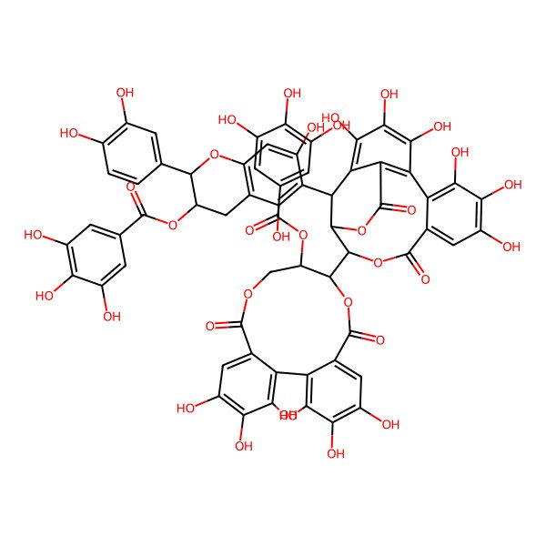 2D Structure of [(2R,3R)-2-(3,4-dihydroxyphenyl)-6-[(14R,15S,19R)-14-[(10R,11R)-3,4,5,17,18,19-hexahydroxy-8,14-dioxo-11-(3,4,5-trihydroxybenzoyl)oxy-9,13-dioxatricyclo[13.4.0.02,7]nonadeca-1(19),2,4,6,15,17-hexaen-10-yl]-2,3,4,7,8,9-hexahydroxy-12,17-dioxo-13,16-dioxatetracyclo[13.3.1.05,18.06,11]nonadeca-1,3,5(18),6,8,10-hexaen-19-yl]-5,7-dihydroxy-3,4-dihydro-2H-chromen-3-yl] 3,4,5-trihydroxybenzoate