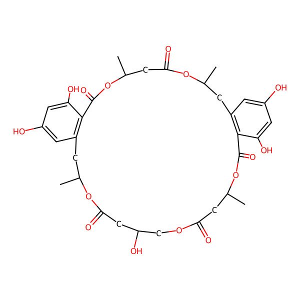 2D Structure of (4R,8R,18R,23S,27R)-12,14,23,31,33-Pentahydroxy-4,8,18,27-tetramethyl-3,7,17,21,26-pentaoxatricyclo[27.4.0.010,15]tritriaconta-1(29),10(15),11,13,30,32-hexaene-2,6,16,20,25-pentone