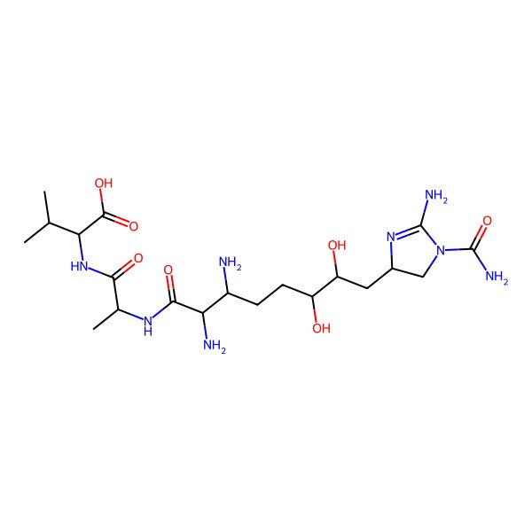 2D Structure of 2-[2-[[2,3-Diamino-8-(2-amino-1-carbamoyl-4,5-dihydroimidazol-4-yl)-6,7-dihydroxyoctanoyl]amino]propanoylamino]-3-methylbutanoic acid
