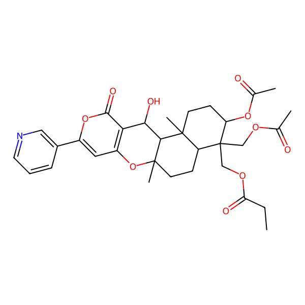 2D Structure of [(1S,2S,5S,7R,10S,18R)-5-Acetyloxy-6-(acetyloxymethyl)-18-hydroxy-2,10-dimethyl-16-oxo-14-pyridin-3-yl-11,15-dioxatetracyclo[8.8.0.02,7.012,17]octadeca-12(17),13-dien-6-yl]methyl propanoate