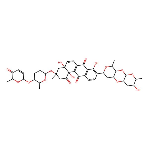 2D Structure of 4a,8,12b-Trihydroxy-9-(6-hydroxy-5,14-dimethyl-2,4,9,13-tetraoxatricyclo[8.4.0.03,8]tetradecan-12-yl)-3-methyl-3-[6-methyl-5-[(6-methyl-5-oxo-2H-pyran-2-yl)oxy]oxan-2-yl]oxy-2,4-dihydrobenzo[a]anthracene-1,7,12-trione