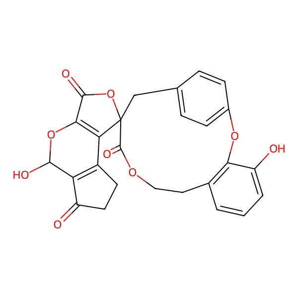 2D Structure of 4,8'-Dihydroxyspiro[2,11-dioxatricyclo[13.2.2.03,8]nonadeca-1(17),3(8),4,6,15,18-hexaene-13,3'-4,7-dioxatricyclo[7.3.0.02,6]dodeca-1(9),2(6)-diene]-5',10',12-trione