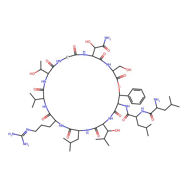 2D Structure of 2-amino-N-[1-[[6-(2-amino-1-hydroxy-2-oxoethyl)-18-[3-(diaminomethylideneamino)propyl]-12-(1-hydroxyethyl)-3-(hydroxymethyl)-24-(1-hydroxy-2-methylpropyl)-21-(2-methylpropyl)-2,5,8,11,14,17,20,23,26-nonaoxo-28-phenyl-15-propan-2-yl-1-oxa-4,7,10,13,16,19,22,25-octazacyclooctacos-27-yl]amino]-4-methyl-1-oxopentan-2-yl]-4-methylpentanamide