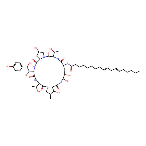 2D Structure of N-[6-[1,2-Dihydroxy-2-(4-hydroxyphenyl)ethyl]-11,20,21,25-tetrahydroxy-3,15-bis(1-hydroxyethyl)-26-methyl-2,5,8,14,17,23-hexaoxo-1,4,7,13,16,22-hexazatricyclo[22.3.0.09,13]heptacosan-18-yl]octadeca-9,12-dienamide