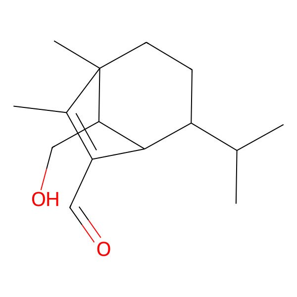 2D Structure of 8-(Hydroxymethyl)-1,7-dimethyl-4-propan-2-ylbicyclo[3.2.1]oct-6-ene-6-carbaldehyde
