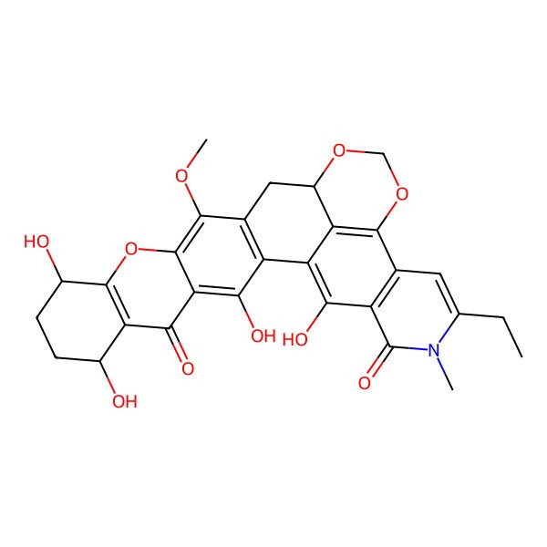2D Structure of 24-Ethyl-3,7,10,28-tetrahydroxy-14-methoxy-25-methyl-12,18,20-trioxa-25-azaheptacyclo[15.11.1.02,15.04,13.06,11.021,29.022,27]nonacosa-1(28),2(15),3,6(11),13,21(29),22(27),23-octaene-5,26-dione