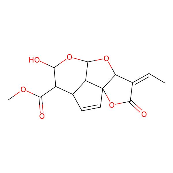 2D Structure of Methyl (1R,4R,5R,6R,8R,10R,11E,14R)-11-ethylidene-6-hydroxy-12-oxo-7,9,13-trioxatetracyclo[6.5.1.01,10.04,14]tetradec-2-ene-5-carboxylate