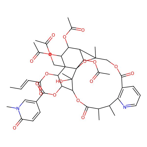 2D Structure of [21,22,24-triacetyloxy-20-(acetyloxymethyl)-19-[(E)-but-2-enoyl]oxy-25-hydroxy-3,13,14,25-tetramethyl-6,15-dioxo-2,5,16-trioxa-11-azapentacyclo[15.7.1.01,20.03,23.07,12]pentacosa-7(12),8,10-trien-18-yl] 1-methyl-6-oxopyridine-3-carboxylate