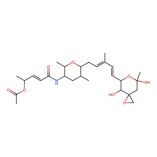 2D Structure of ((E,2S)-5-(((2R,5S,6S)-6-((2E,4E)-5-((4R,5R,7S)-4,7-dihydroxy-7-methyl-1,6-dioxaspiro(2.5)octan-5-yl)-3-methylpenta-2,4-dienyl)-2,5-dimethyloxan-3-yl)amino)-5-oxopent-3-en-2-yl) acetate