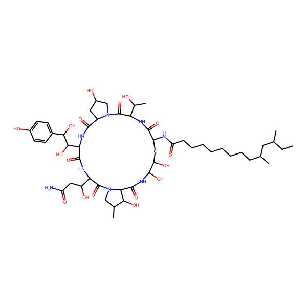2D Structure of N-[(3S,6S,9S,15S,18R,24S)-3-(3-Amino-1-hydroxy-3-oxopropyl)-6-[1,2-dihydroxy-2-(4-hydroxyphenyl)ethyl]-11,20,21,25-tetrahydroxy-15-(1-hydroxyethyl)-26-methyl-2,5,8,14,17,23-hexaoxo-1,4,7,13,16,22-hexazatricyclo[22.3.0.09,13]heptacosan-18-yl]-10,12-dimethyltetradecanamide