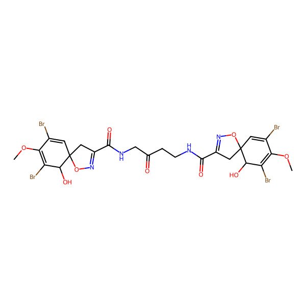 2D Structure of (6R)-7,9-dibromo-N-[4-[[(6R)-7,9-dibromo-6-hydroxy-8-methoxy-1-oxa-2-azaspiro[4.5]deca-2,7,9-triene-3-carbonyl]amino]-3-oxobutyl]-6-hydroxy-8-methoxy-1-oxa-2-azaspiro[4.5]deca-2,7,9-triene-3-carboxamide