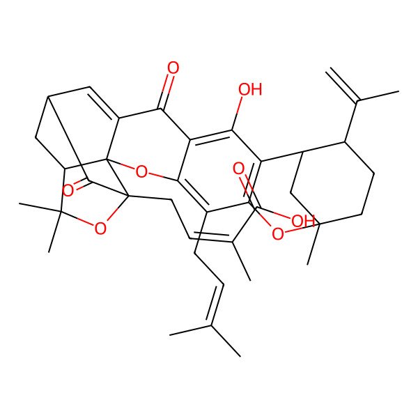 2D Structure of 4-[14-Hydroxy-8,23,23-trimethyl-5-(3-methylbut-2-enyl)-16,20-dioxo-11-prop-1-en-2-yl-3,7,22-trioxaheptacyclo[17.4.1.18,12.02,17.02,21.04,15.06,13]pentacosa-4(15),5,13,17-tetraen-21-yl]-2-methylbut-2-enoic acid
