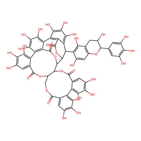 2D Structure of 7,8,9,12,13,14,25,26,27,30,31,32,35,36,37-pentadecahydroxy-46-[3,5,7-trihydroxy-2-(3,4,5-trihydroxyphenyl)-3,4-dihydro-2H-chromen-6-yl]-3,18,21,41,43-pentaoxanonacyclo[27.13.3.138,42.02,20.05,10.011,16.023,28.033,45.034,39]hexatetraconta-5,7,9,11,13,15,23,25,27,29(45),30,32,34(39),35,37-pentadecaene-4,17,22,40,44-pentone