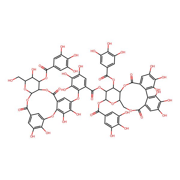 2D Structure of [3,4,5,21,22,23-Hexahydroxy-8,18-dioxo-11,13-bis[(3,4,5-trihydroxybenzoyl)oxy]-9,14,17-trioxatetracyclo[17.4.0.02,7.010,15]tricosa-1(23),2,4,6,19,21-hexaen-12-yl] 3,4,5-trihydroxy-2-[[4,5,13,21,22-pentahydroxy-14-(hydroxymethyl)-9,18-dioxo-12-(3,4,5-trihydroxybenzoyl)oxy-2,10,15,17-tetraoxatetracyclo[17.3.1.03,8.011,16]tricosa-1(23),3,5,7,19,21-hexaen-6-yl]oxy]benzoate