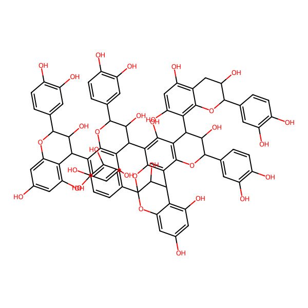 2D Structure of 5,13-bis(3,4-dihydroxyphenyl)-10-[2-(3,4-dihydroxyphenyl)-8-[2-(3,4-dihydroxyphenyl)-3,5,7-trihydroxy-3,4-dihydro-2H-chromen-4-yl]-3,5,7-trihydroxy-3,4-dihydro-2H-chromen-4-yl]-7-[2-(3,4-dihydroxyphenyl)-3,5,7-trihydroxy-3,4-dihydro-2H-chromen-8-yl]-4,12,14-trioxapentacyclo[11.7.1.02,11.03,8.015,20]henicosa-2,8,10,15,17,19-hexaene-6,9,17,19,21-pentol