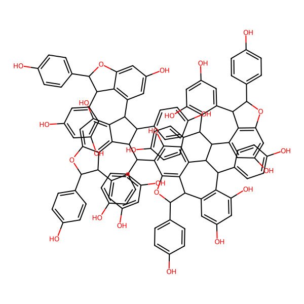 2D Structure of 13-[[1-(3,5-dihydroxyphenyl)-6-[3-(3,5-dihydroxyphenyl)-6-hydroxy-2-(4-hydroxyphenyl)-2,3-dihydro-1-benzofuran-4-yl]-5-hydroxy-2,7-bis(4-hydroxyphenyl)-2,6,7,8-tetrahydro-1H-cyclopenta[e][1]benzofuran-8-yl]-(4-hydroxyphenyl)methyl]-8,16-bis(4-hydroxyphenyl)-9-[4,6,12-trihydroxy-8,16-bis(4-hydroxyphenyl)-15-oxatetracyclo[8.6.1.02,7.014,17]heptadeca-2(7),3,5,10(17),11,13-hexaen-9-yl]-15-oxatetracyclo[8.6.1.02,7.014,17]heptadeca-2(7),3,5,10,12,14(17)-hexaene-4,6,12-triol