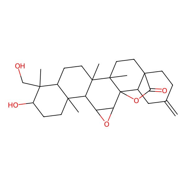 2D Structure of 9-Hydroxy-10-(hydroxymethyl)-6,10,14,15-tetramethyl-21-methylidene-3,24-dioxaheptacyclo[16.5.2.01,15.02,4.05,14.06,11.018,23]pentacosan-25-one