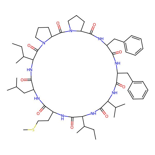 2D Structure of 24,27-Dibenzyl-9,18-di(butan-2-yl)-12-(2-methylpropyl)-15-(2-methylsulfanylethyl)-21-propan-2-yl-1,7,10,13,16,19,22,25,28-nonazatricyclo[28.3.0.03,7]tritriacontane-2,8,11,14,17,20,23,26,29-nonone
