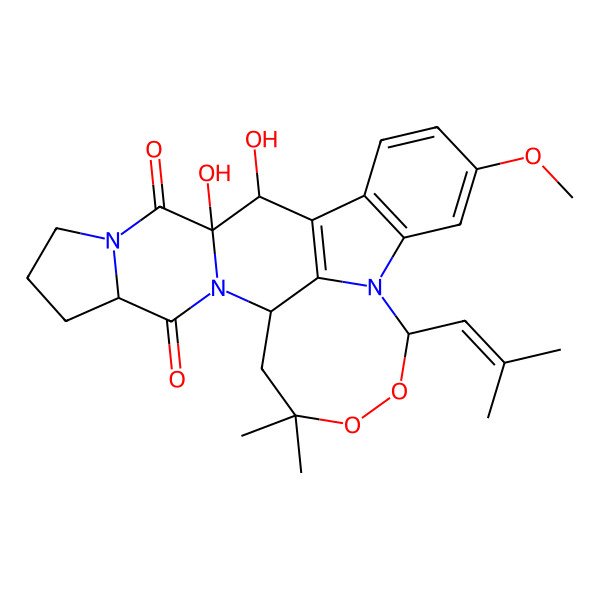 2D Structure of (9S,14S,17S,23R,24S)-23,24-Dihydroxy-5-methoxy-12,12-dimethyl-9-(2-methylprop-1-enyl)-10,11-dioxa-8,15,21-triazahexacyclo[12.10.1.02,7.08,25.015,23.017,21]pentacosa-1(25),2(7),3,5-tetraene-16,22-dione