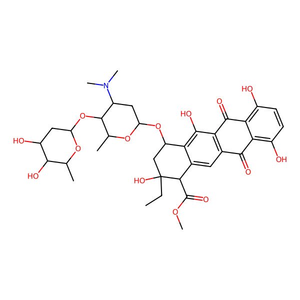 2D Structure of methyl 4-[5-(4,5-dihydroxy-6-methyloxan-2-yl)oxy-4-(dimethylamino)-6-methyloxan-2-yl]oxy-2-ethyl-2,5,7,10-tetrahydroxy-6,11-dioxo-3,4-dihydro-1H-tetracene-1-carboxylate