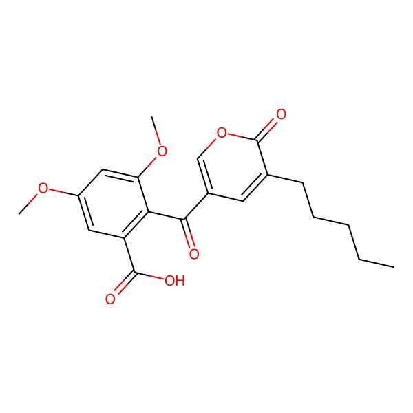 2D Structure of 3,5-dimethoxy-2-(6-oxo-5-pentyl-6H-pyran-3-carbonyl)-benzoic acid