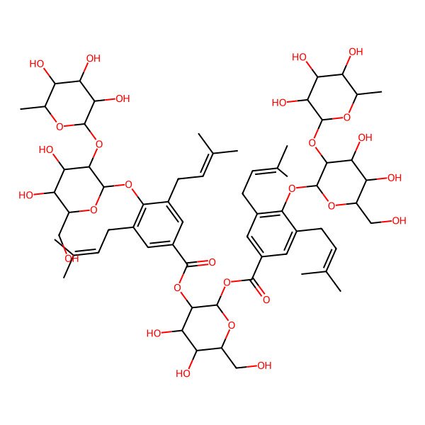 2D Structure of [(2S,3R,4S,5S,6R)-2-[4-[(2S,3R,4S,5S,6R)-4,5-dihydroxy-6-(hydroxymethyl)-3-[(2S,3R,4R,5R,6S)-3,4,5-trihydroxy-6-methyloxan-2-yl]oxyoxan-2-yl]oxy-3,5-bis(3-methylbut-2-enyl)benzoyl]oxy-4,5-dihydroxy-6-(hydroxymethyl)oxan-3-yl] 4-[(2S,3R,4S,5S,6R)-4,5-dihydroxy-6-(hydroxymethyl)-3-[(2S,3R,4R,5R,6S)-3,4,5-trihydroxy-6-methyloxan-2-yl]oxyoxan-2-yl]oxy-3,5-bis(3-methylbut-2-enyl)benzoate