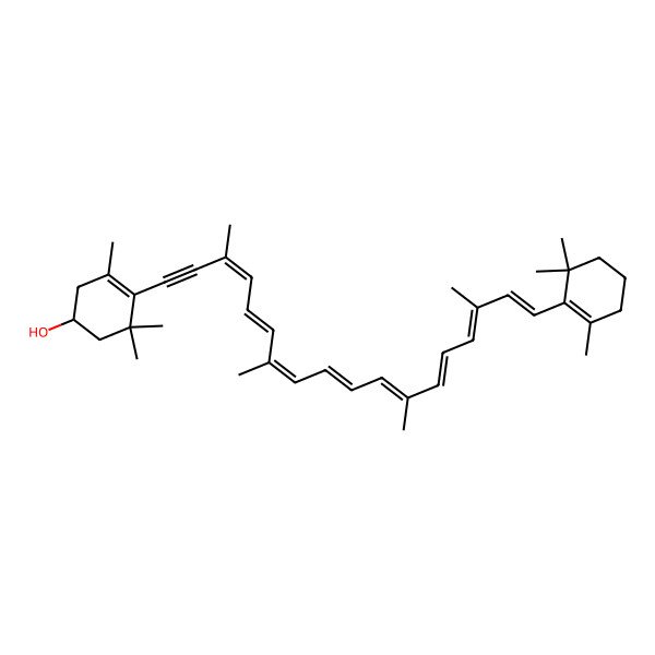 2D Structure of (1~{R})-3,5,5-trimethyl-4-[(3~{E},5~{E},7~{E},9~{E},11~{E},13~{E},15~{E},17~{E})-3,7,12,16-tetramethyl-18-(2,6,6-trimethylcyclohexen-1-yl)octadeca-3,5,7,9,11,13,15,17-octaen-1-ynyl]cyclohex-3-en-1-ol