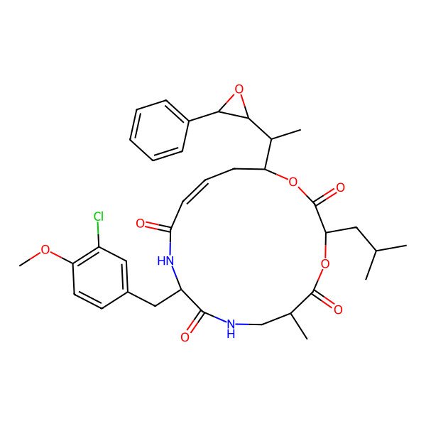 2D Structure of 10-[(3-Chloro-4-methoxyphenyl)methyl]-6-methyl-3-(2-methylpropyl)-16-[1-(3-phenyloxiran-2-yl)ethyl]-1,4-dioxa-8,11-diazacyclohexadec-13-ene-2,5,9,12-tetrone