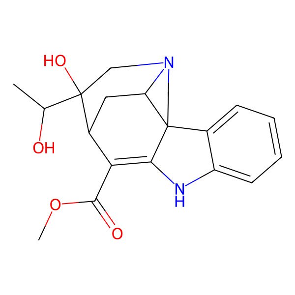 2D Structure of Curan-17-oic acid, 2,16-didehydro-19,20-dihydroxy-, methyl ester, (19S)-