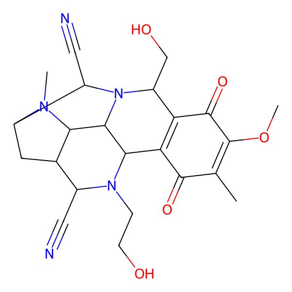 2D Structure of (1R,3R,4R,6S,13S,15S,16S,18S)-5-(2-hydroxyethyl)-13-(hydroxymethyl)-10-methoxy-9,17-dimethyl-8,11-dioxo-5,14,17-triazapentacyclo[12.3.1.03,16.06,15.07,12]octadeca-7(12),9-diene-4,18-dicarbonitrile