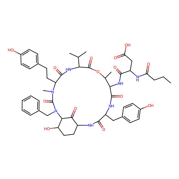 2D Structure of 4-[[2-Benzyl-21-hydroxy-5-[2-(4-hydroxyphenyl)ethyl]-15-[(4-hydroxyphenyl)methyl]-4,11-dimethyl-3,6,9,13,16,22-hexaoxo-8-propan-2-yl-10-oxa-2,4,7,14,17-pentazabicyclo[16.3.1]docosan-12-yl]amino]-3-(butanoylamino)-4-oxobutanoic acid