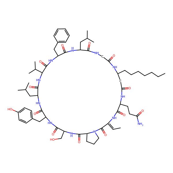 2D Structure of cyclo[Abu(2,3-dehydro)-DL-Pro-DL-Ser-DL-Tyr-DL-Leu-DL-Val-DL-Phe-DL-Leu-Gly-bAla(3-heptyl)-DL-Gln]