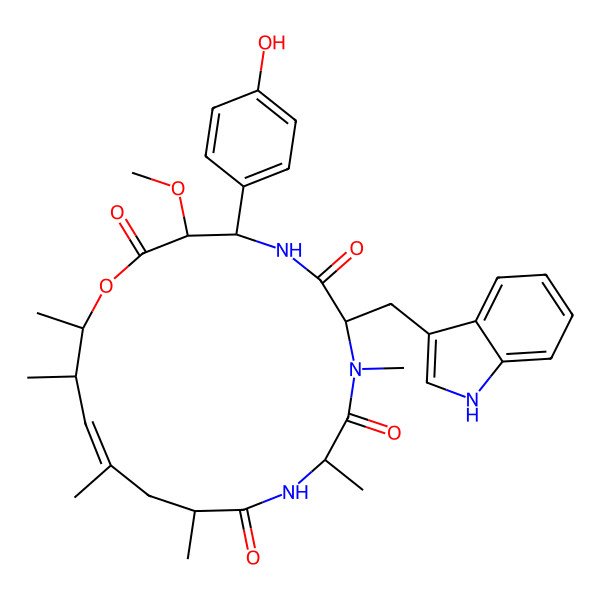 2D Structure of (3S,7R,10S,13S,17S,18R)-4-(4-hydroxyphenyl)-7-(1H-indol-3-ylmethyl)-3-methoxy-8,10,13,15,17,18-hexamethyl-1-oxa-5,8,11-triazacyclooctadec-15-ene-2,6,9,12-tetrone