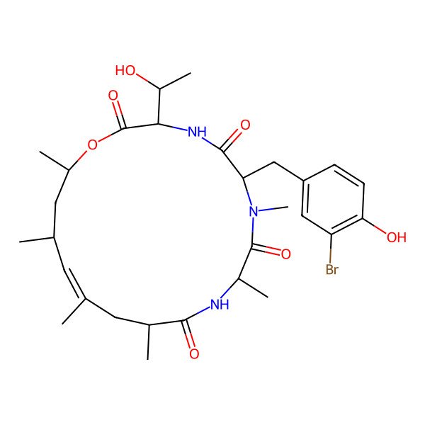 2D Structure of (3S,6R,9S,12S,14E,16R,18S)-6-[(3-bromo-4-hydroxyphenyl)methyl]-3-[(1R)-1-hydroxyethyl]-7,9,12,14,16,18-hexamethyl-1-oxa-4,7,10-triazacyclooctadec-14-ene-2,5,8,11-tetrone