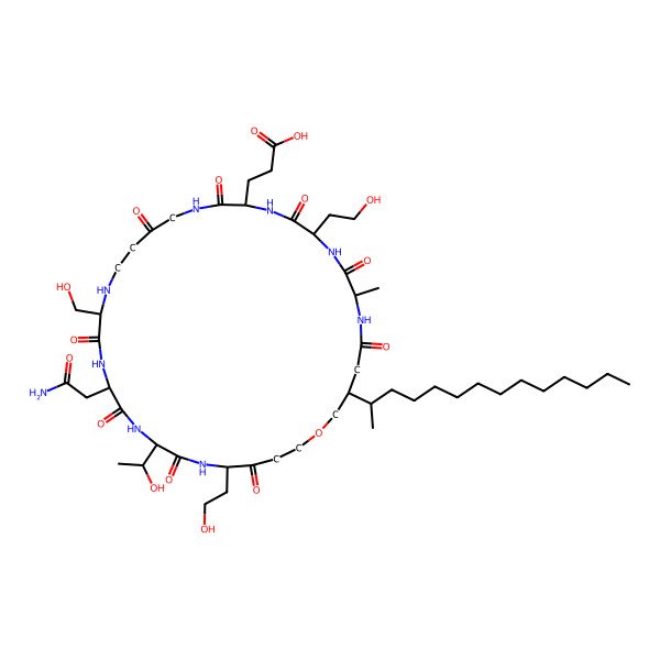 2D Structure of 3-[(7S,13S,21S,24R,27R)-24-(2-amino-2-oxoethyl)-27-[(1S)-1-hydroxyethyl]-10,30-bis(2-hydroxyethyl)-21-(hydroxymethyl)-7-methyl-5,8,11,14,17,22,25,28,31-nonaoxo-3-tetradecan-2-yl-1-oxa-6,9,12,15,20,23,26,29-octazacyclotritriacont-13-yl]propanoic acid