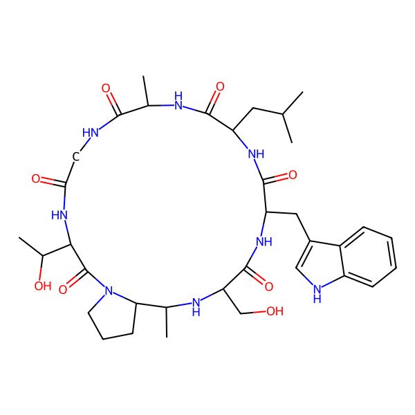 2D Structure of (3S,9S,12S,15S,18S,20R,21S)-3-[(1S)-1-hydroxyethyl]-18-(hydroxymethyl)-15-(1H-indol-3-ylmethyl)-9,20-dimethyl-12-(2-methylpropyl)-1,4,7,10,13,16,19-heptazabicyclo[19.3.0]tetracosane-2,5,8,11,14,17-hexone