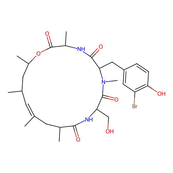 2D Structure of (3S,6R,9R,12S,14E,16R,18S)-6-[(3-bromo-4-hydroxyphenyl)methyl]-9-(hydroxymethyl)-3,7,12,14,16,18-hexamethyl-1-oxa-4,7,10-triazacyclooctadec-14-ene-2,5,8,11-tetrone