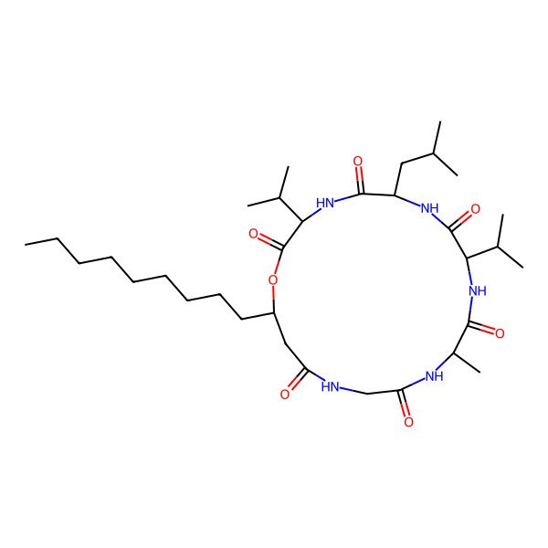 2D Structure of cyclo[Ala-Val-D-Leu-Val-ObAla(3S-nonyl)-Gly]