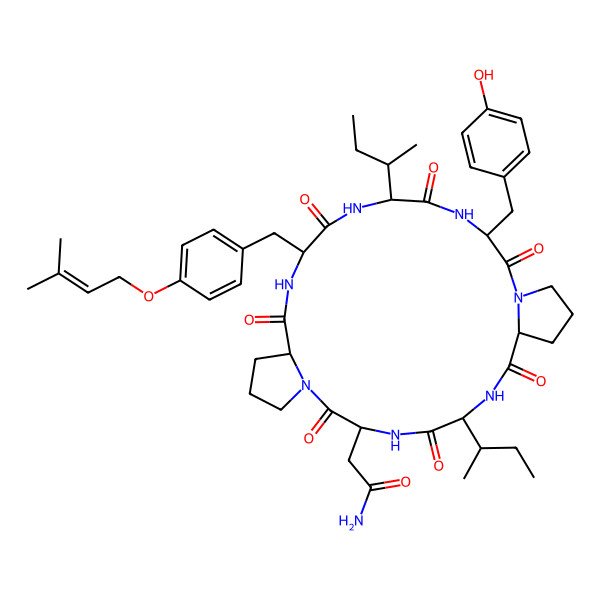 2D Structure of 2-[(3S,6R,9S,15S,18S,21S,24S)-6-[(2S)-butan-2-yl]-18-[(2R)-butan-2-yl]-15-[(4-hydroxyphenyl)methyl]-21-[[4-(3-methylbut-2-enoxy)phenyl]methyl]-2,5,8,14,17,20,23-heptaoxo-1,4,7,13,16,19,22-heptazatricyclo[22.3.0.09,13]heptacosan-3-yl]acetamide